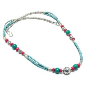 New Malachite Turquoise, Coral 925 Silver Necklace.